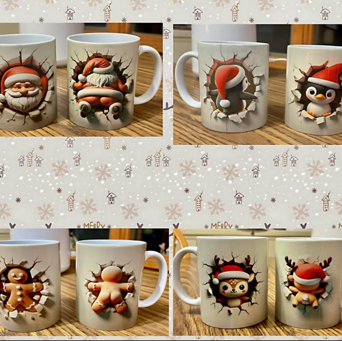 Christmas 3D Crack Design Mugs | Santa, Penguin, Gingerbread & Reindeer