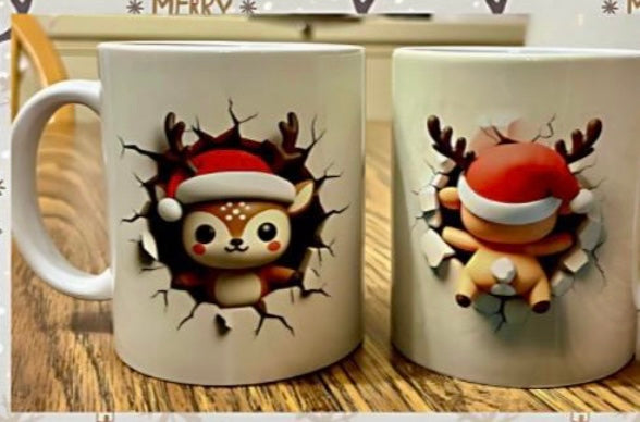 Christmas 3D Crack Design Mugs | Santa, Penguin, Gingerbread & Reindeer